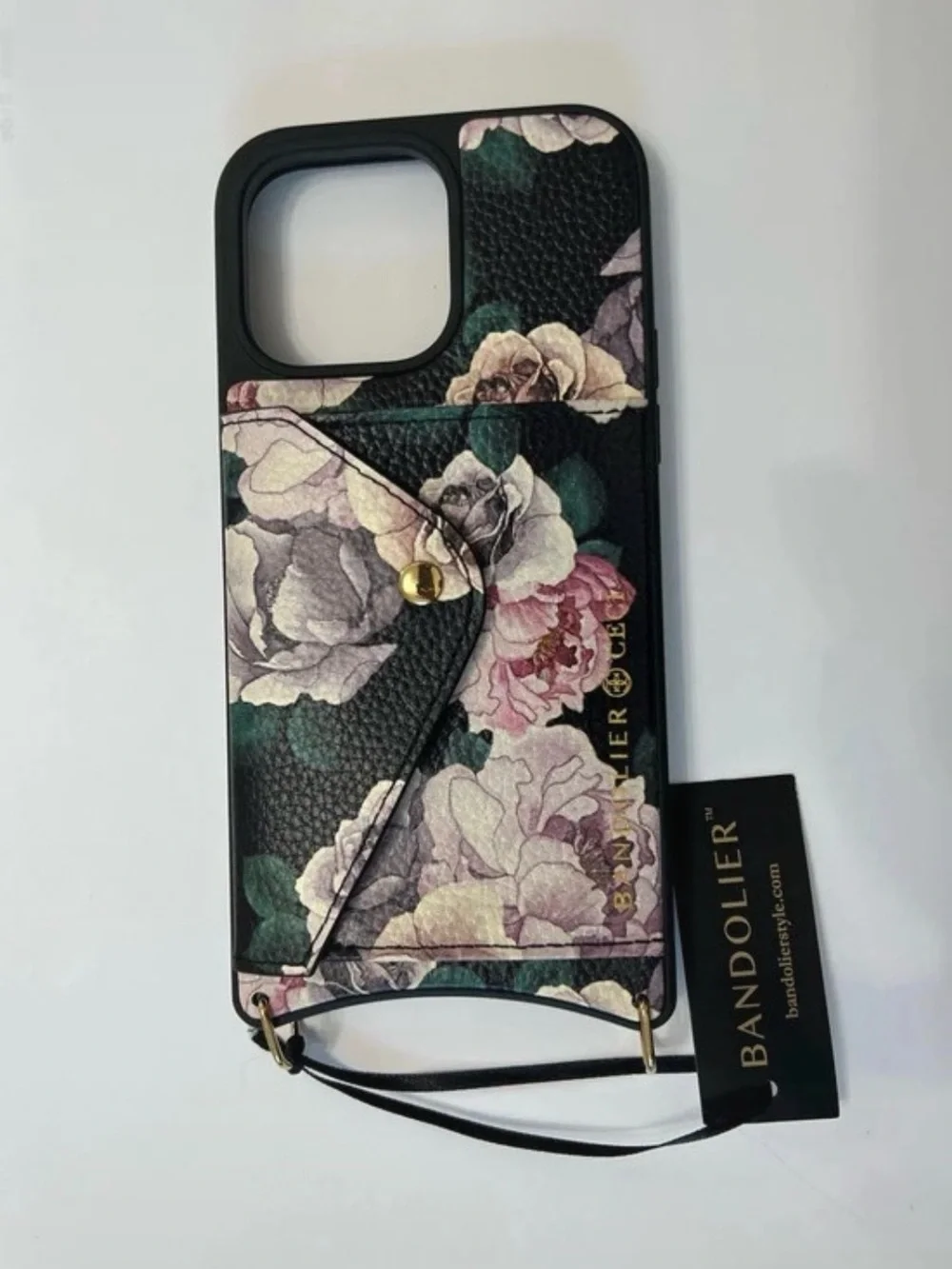 Bandolier Black Floral Card Wallet Phone Case with Pink and Cream Roses